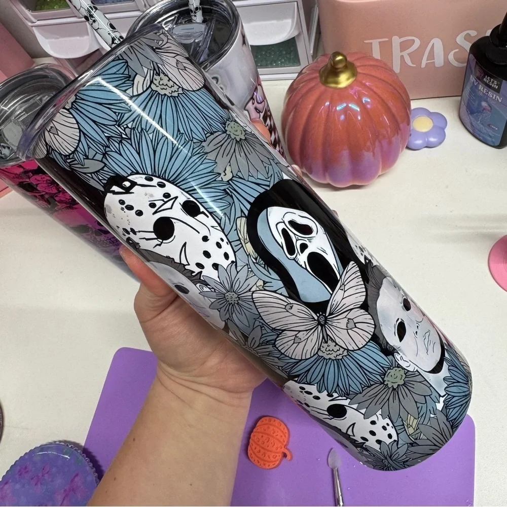 Floral Horror Tumbler with Skull Straw Spooky Halloween Fall Faces 20oz